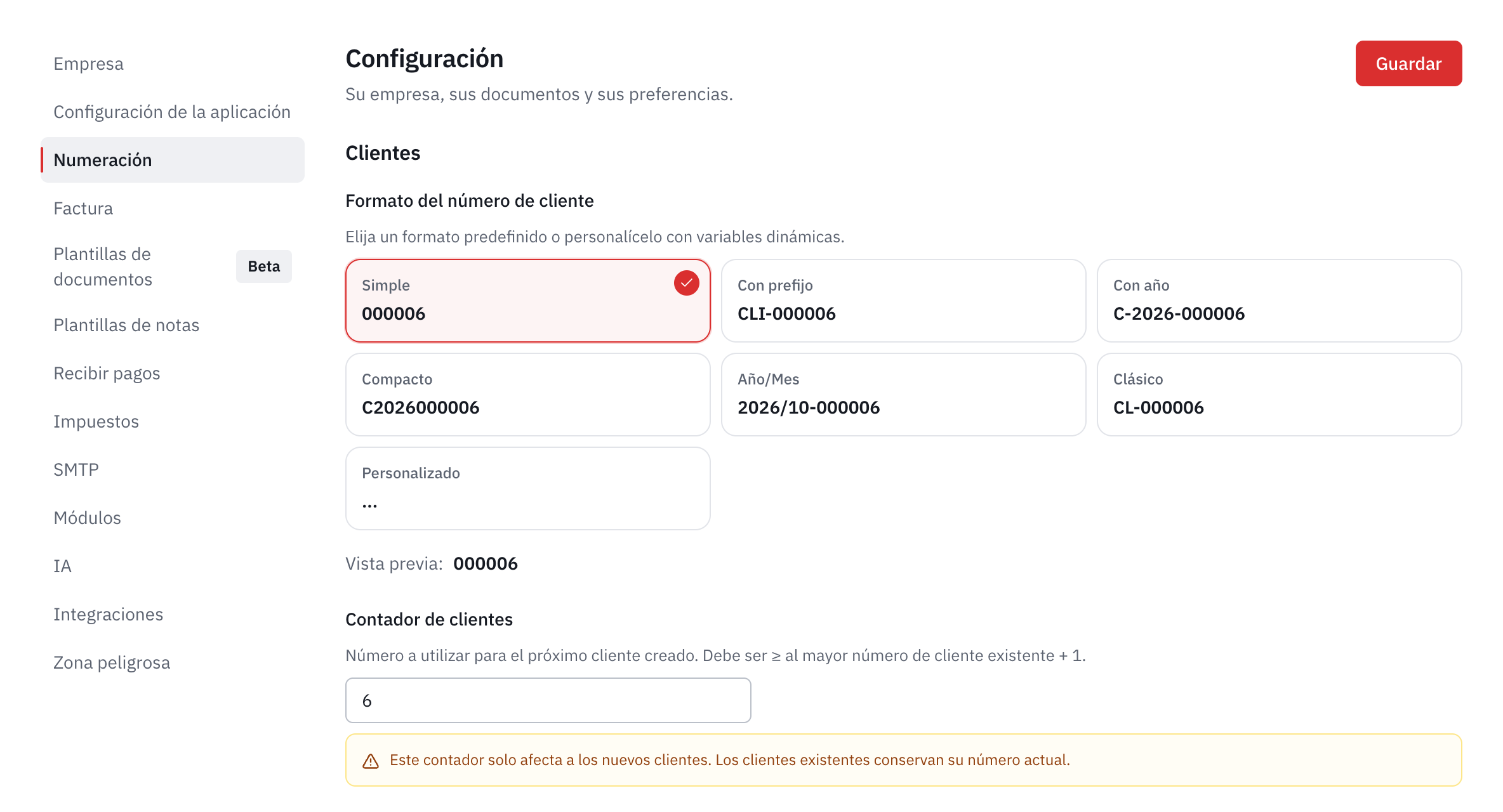 La parte Clientes de la numeración: los formatos propuestos, la vista previa y el contador de clientes.