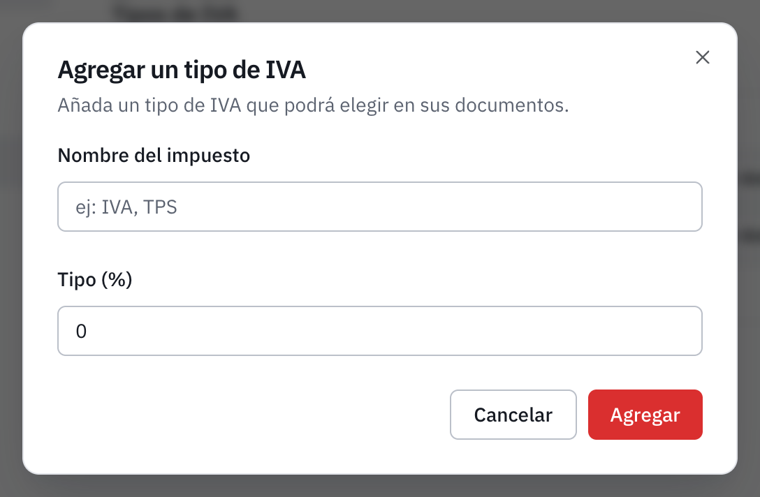 La ventana Agregar un tipo de IVA: el nombre del impuesto y el tipo en porcentaje.