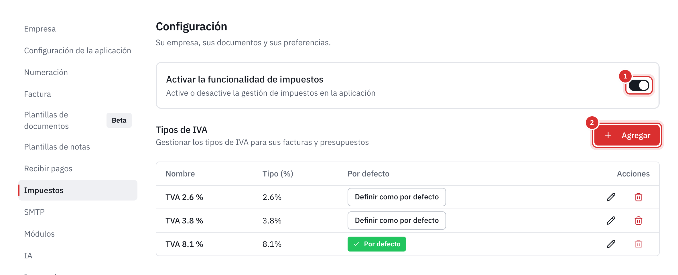 La pestaña Impuestos: el interruptor Activar la funcionalidad de impuestos y la lista de tipos de IVA, con el tipo por defecto.