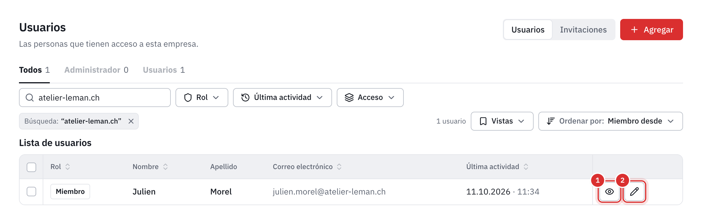 La lista de usuarios: el rol, el nombre, el apellido, el correo electrónico y la última actividad de cada uno, con los botones Detalles y Modificar.