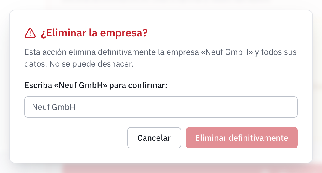 La ventana ¿Eliminar la empresa?: el nombre de la empresa que hay que escribir y el botón Eliminar definitivamente.