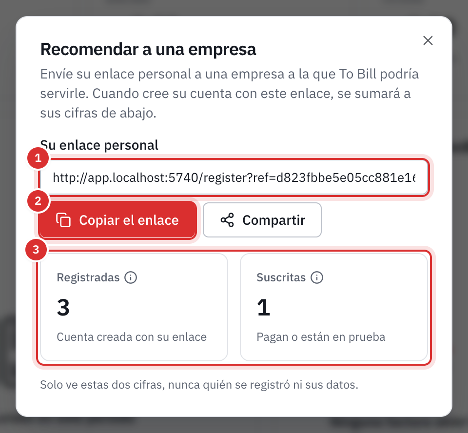 La ventana Recomendar a una empresa: el enlace personal, los botones Copiar el enlace y Compartir y, debajo, los contadores Registradas y Suscritas.