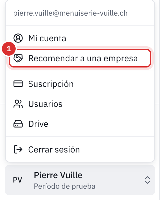 El menú de la cuenta abierto abajo a la izquierda, con la entrada Recomendar a una empresa debajo de Mi cuenta.