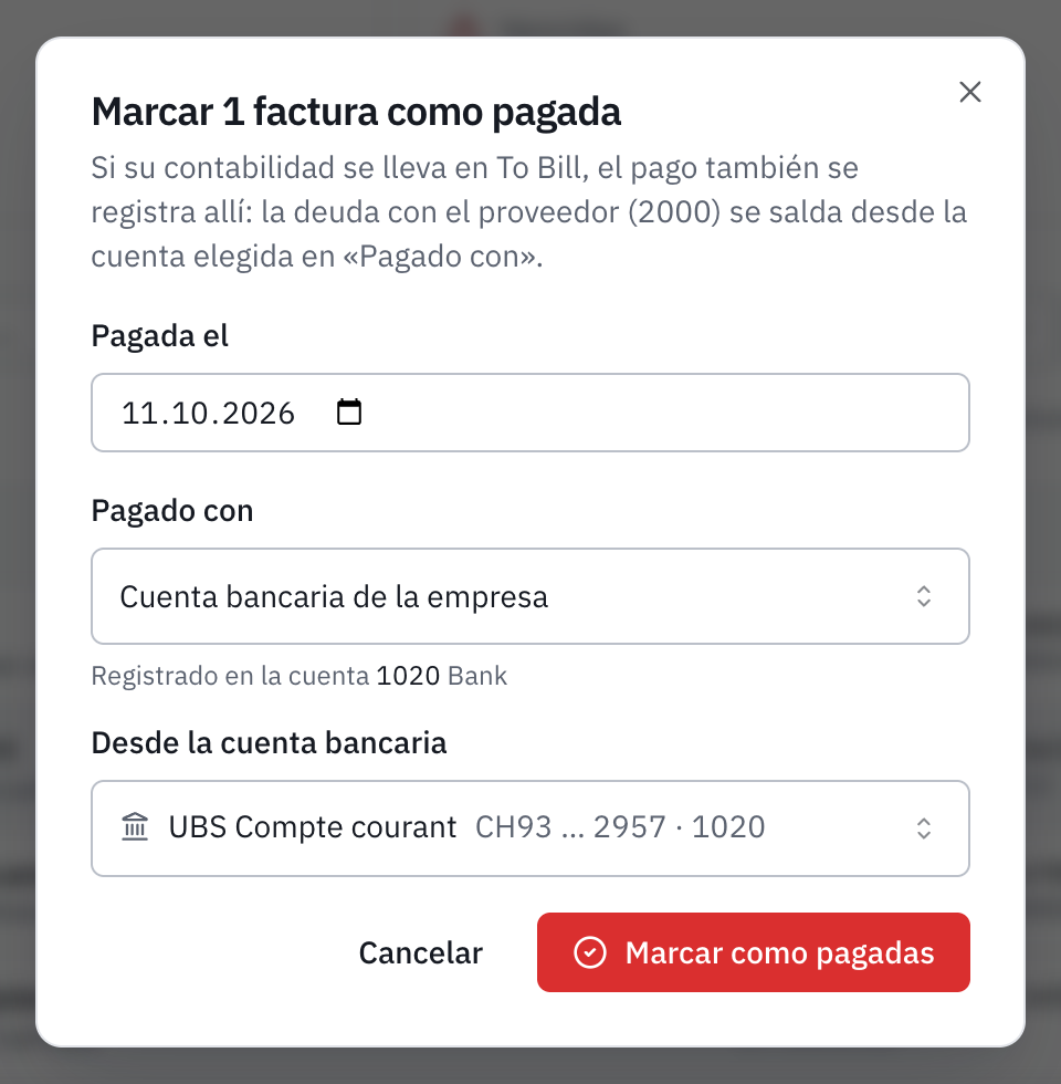 La ventana Marcar 1 factura como pagada: la fecha de pago, Pagado con Cuenta bancaria de la empresa, registrado en la cuenta 1020, y la cuenta bancaria UBS Compte courant.