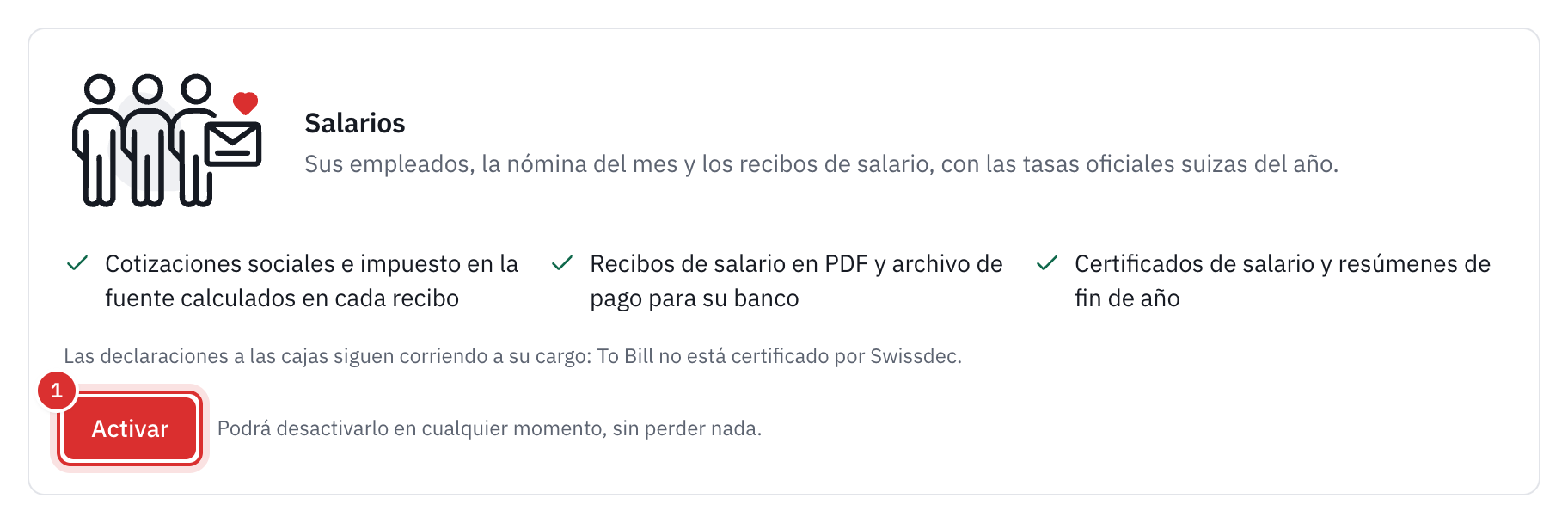 La tarjeta Salarios en Configuración, Módulos: lo que hace el módulo, la mención de Swissdec y el botón Activar.