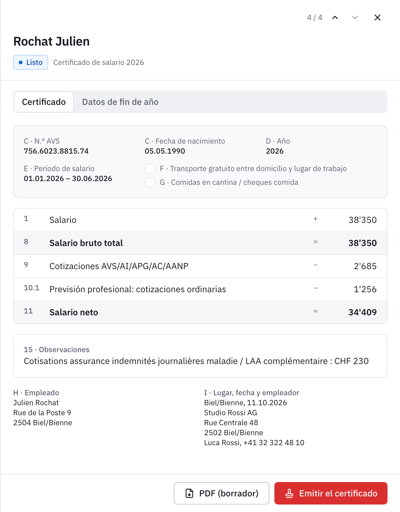 El certificado de un empleado que se fue en junio: el período de salario, las cifras 1 a 11, las observaciones y el botón Emitir el certificado.