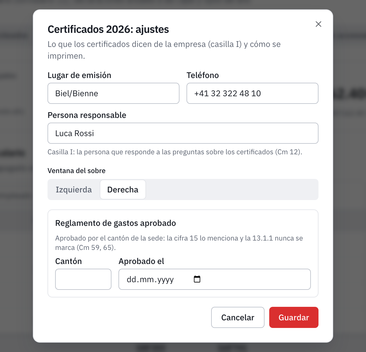 La ventana Certificados 2026: ajustes: lugar de emisión, teléfono, persona responsable, ventana del sobre y reglamento de gastos aprobado.