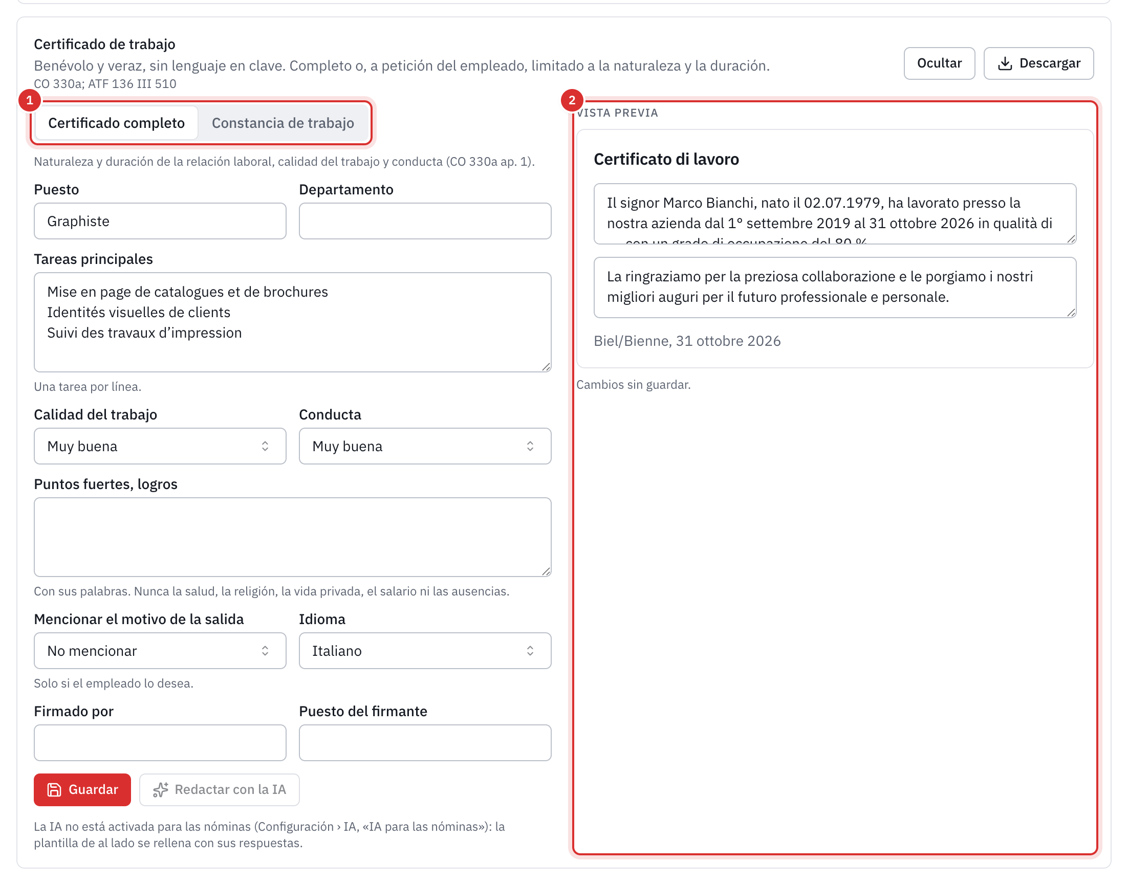 El certificado de trabajo en redacción: el tipo Certificado completo, el puesto, las tareas, la calidad del trabajo y la conducta, con la vista previa del certificado en italiano al lado.