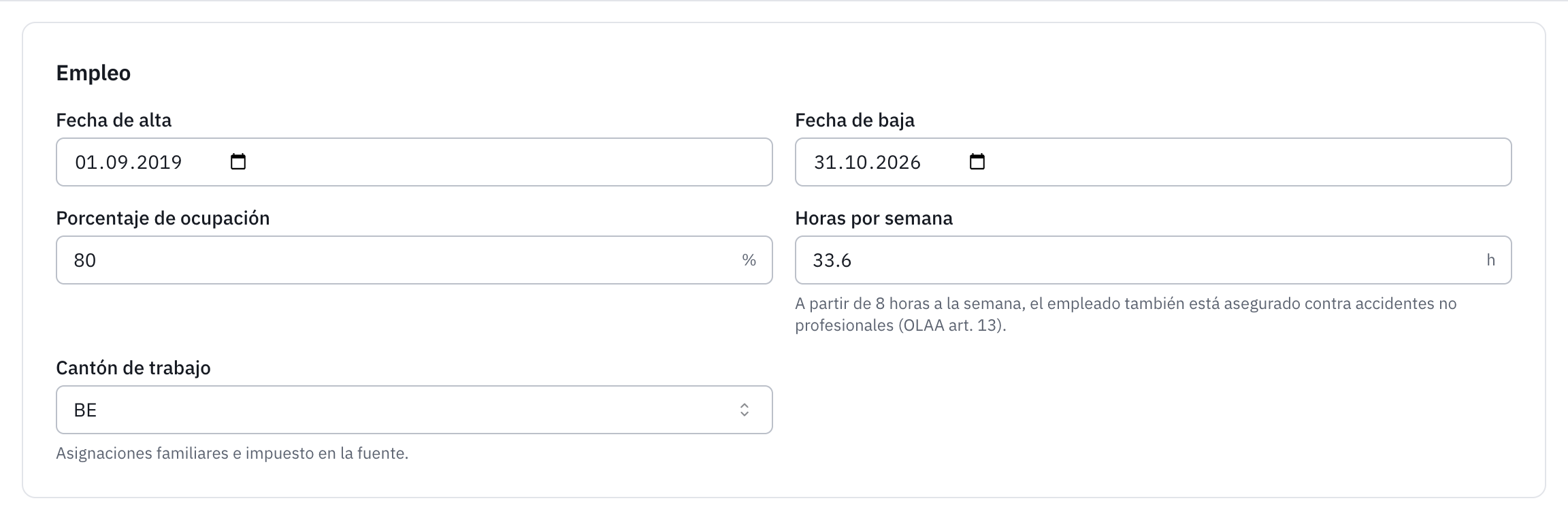 La sección Empleo: fecha de alta, fecha de baja, porcentaje de ocupación, horas por semana y cantón de trabajo.