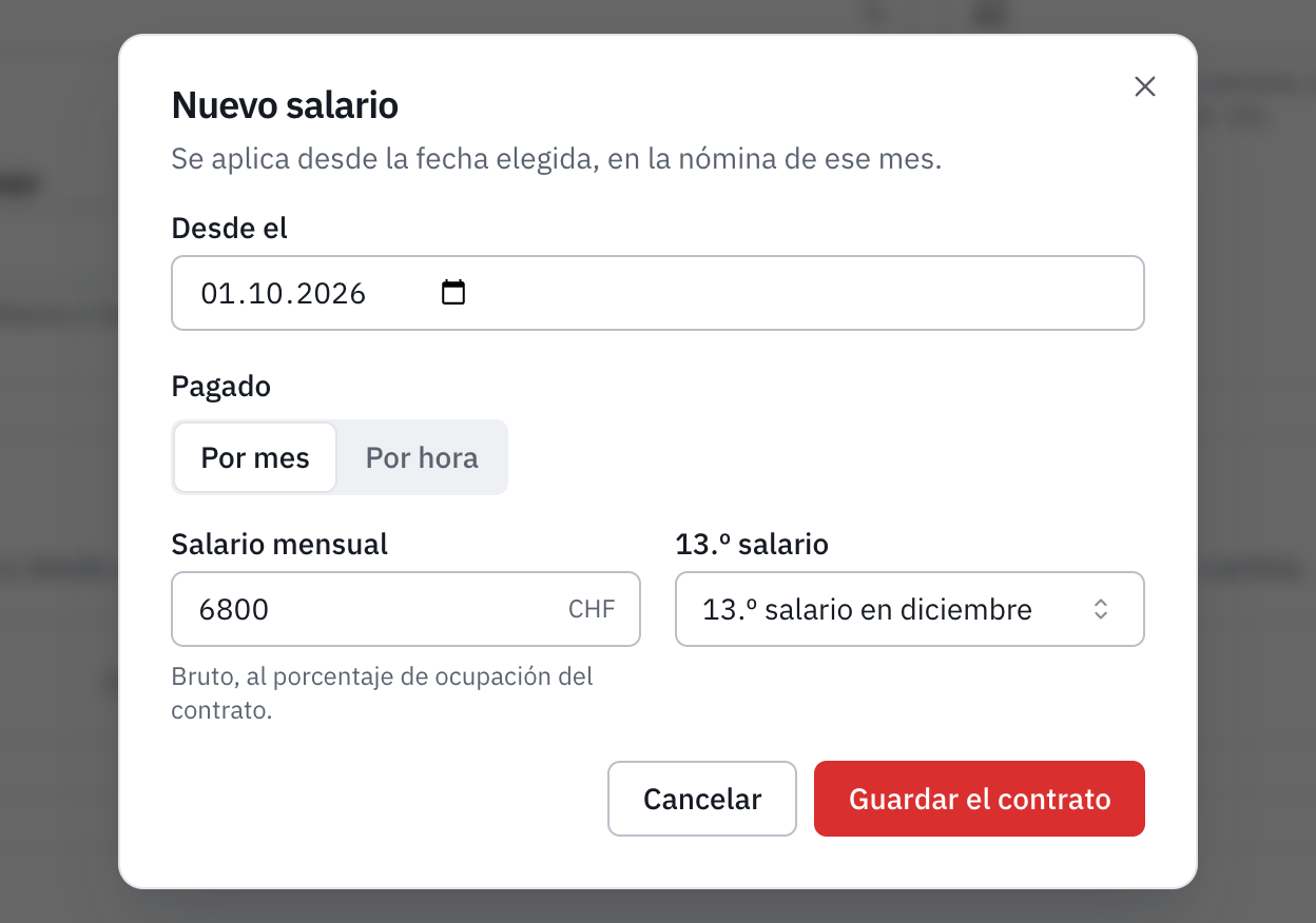 La ventana Nuevo salario: la fecha de efecto, el salario mensual y el 13.º salario.