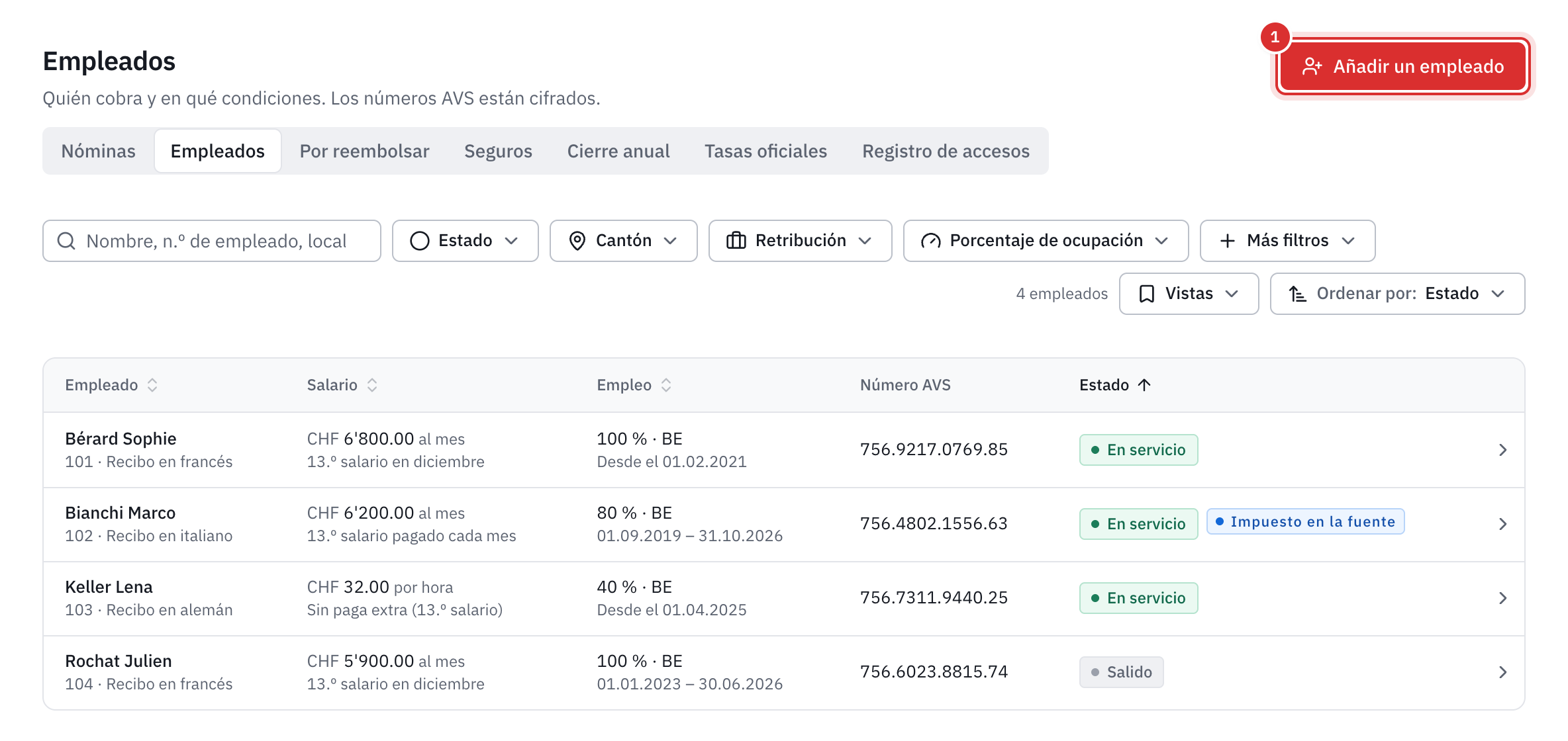 La lista de empleados: salario, empleo, número AVS completo y estado, con el botón Añadir un empleado.