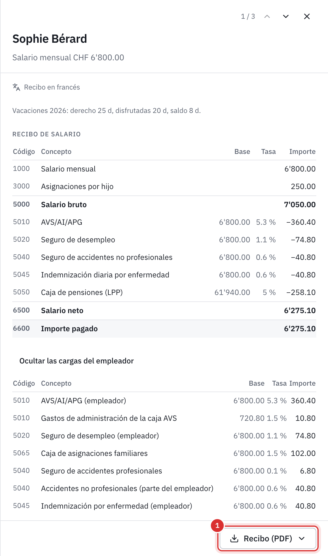El recibo de salario de una empleada en la nómina: las líneas de salario, las retenciones, el neto y las cargas del empleador.