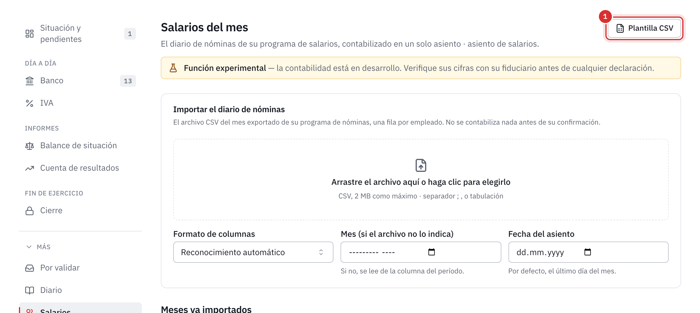 La página Salarios del mes de la contabilidad: la zona para soltar el diario, el formato de las columnas, el mes y la fecha del asiento.