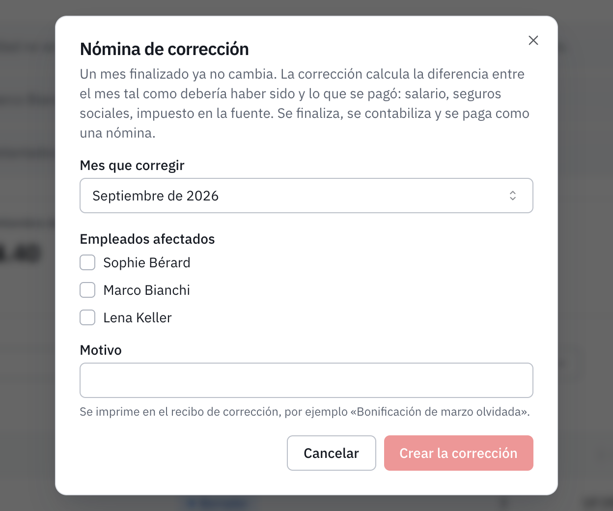 La ventana Nómina de corrección: el mes que corregir, los empleados afectados y el motivo.