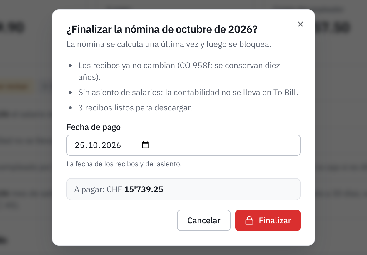 La ventana Finalizar la nómina: lo que va a ocurrir, la fecha de pago y el importe a pagar.