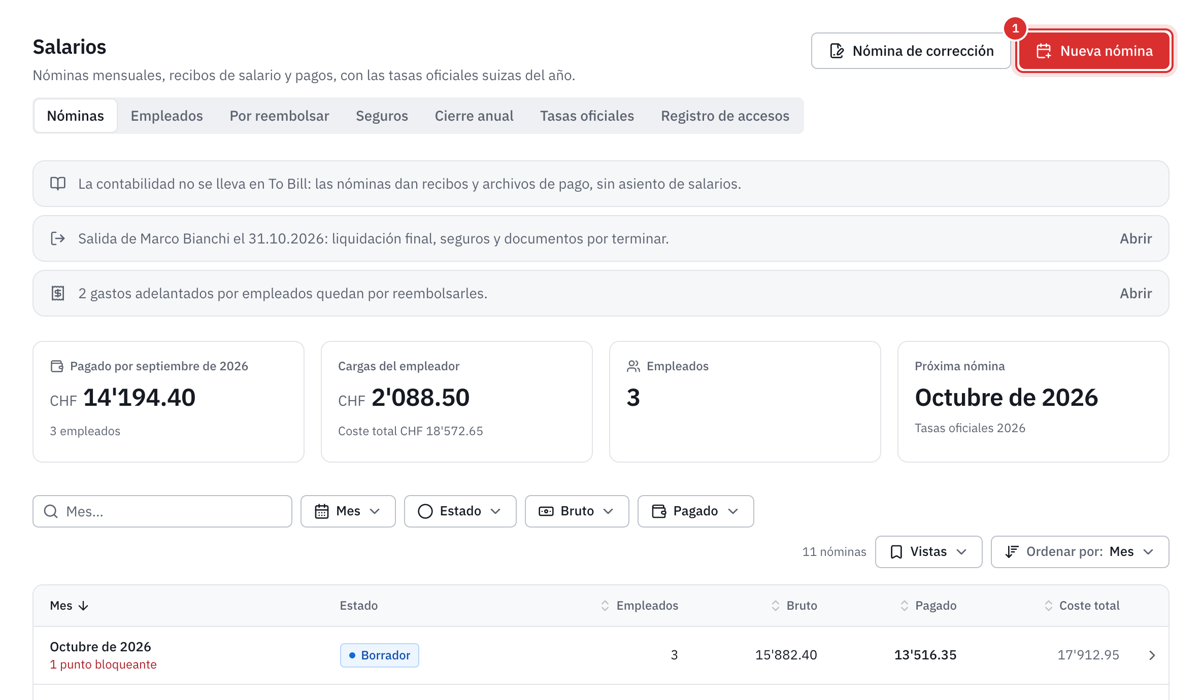 La página Salarios: las cifras del último mes pagado, la próxima nómina y la lista de nóminas, con el botón Nueva nómina.