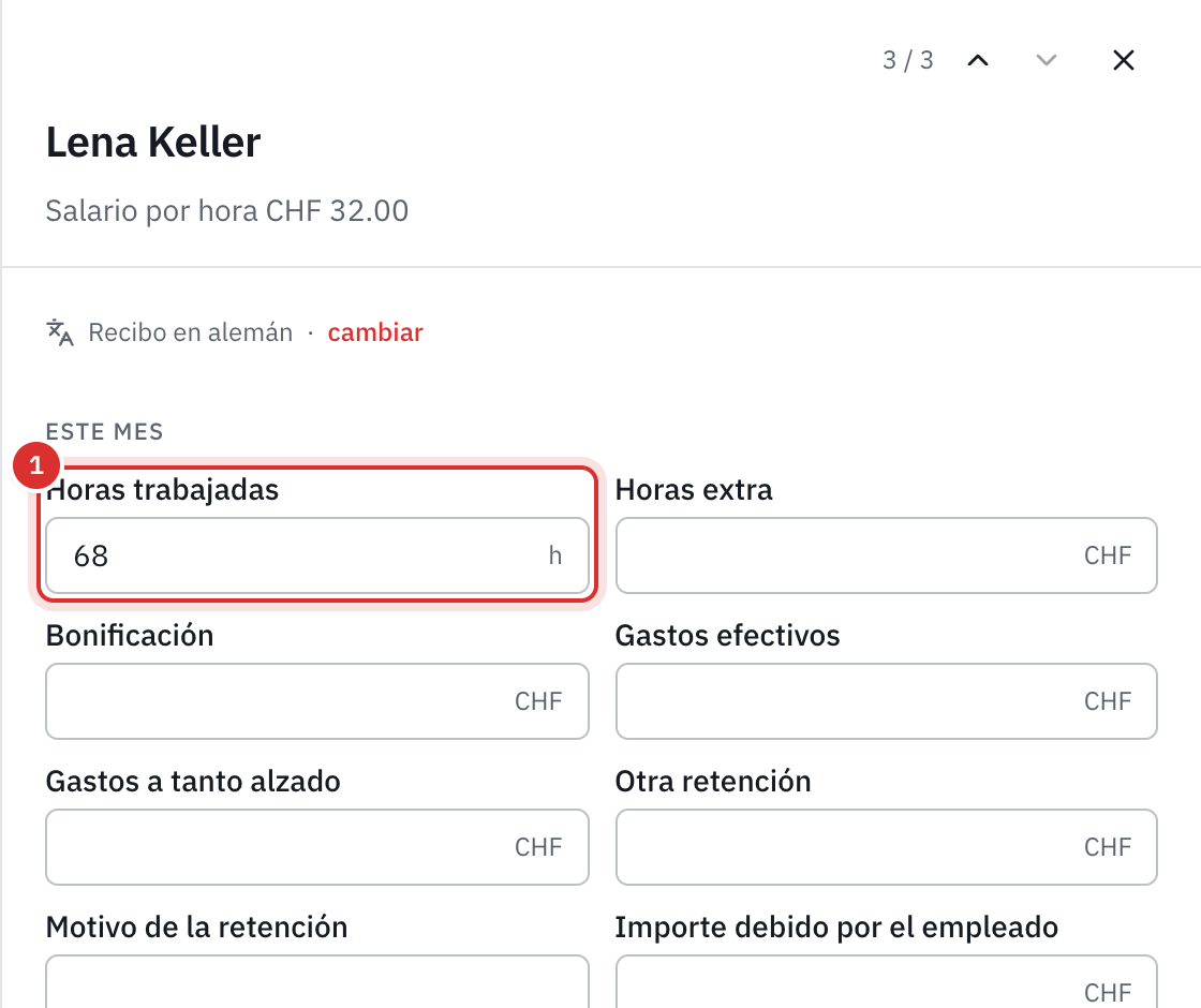 La ficha de una empleada pagada por hora: los datos del mes, con 68 horas trabajadas, sus controles y su recibo de salario.