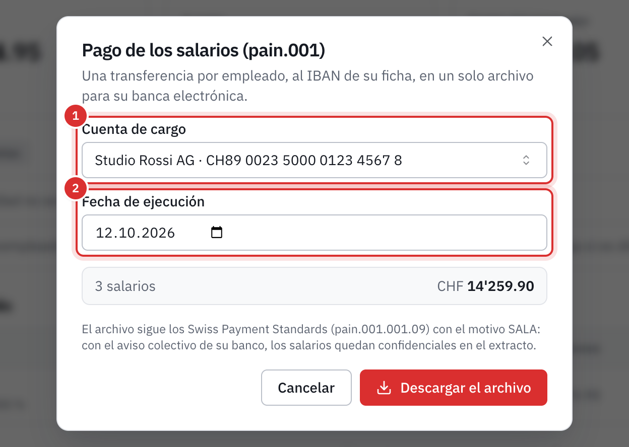 La ventana Pago de los salarios: la cuenta de cargo, la fecha de ejecución, el número de salarios y el total.
