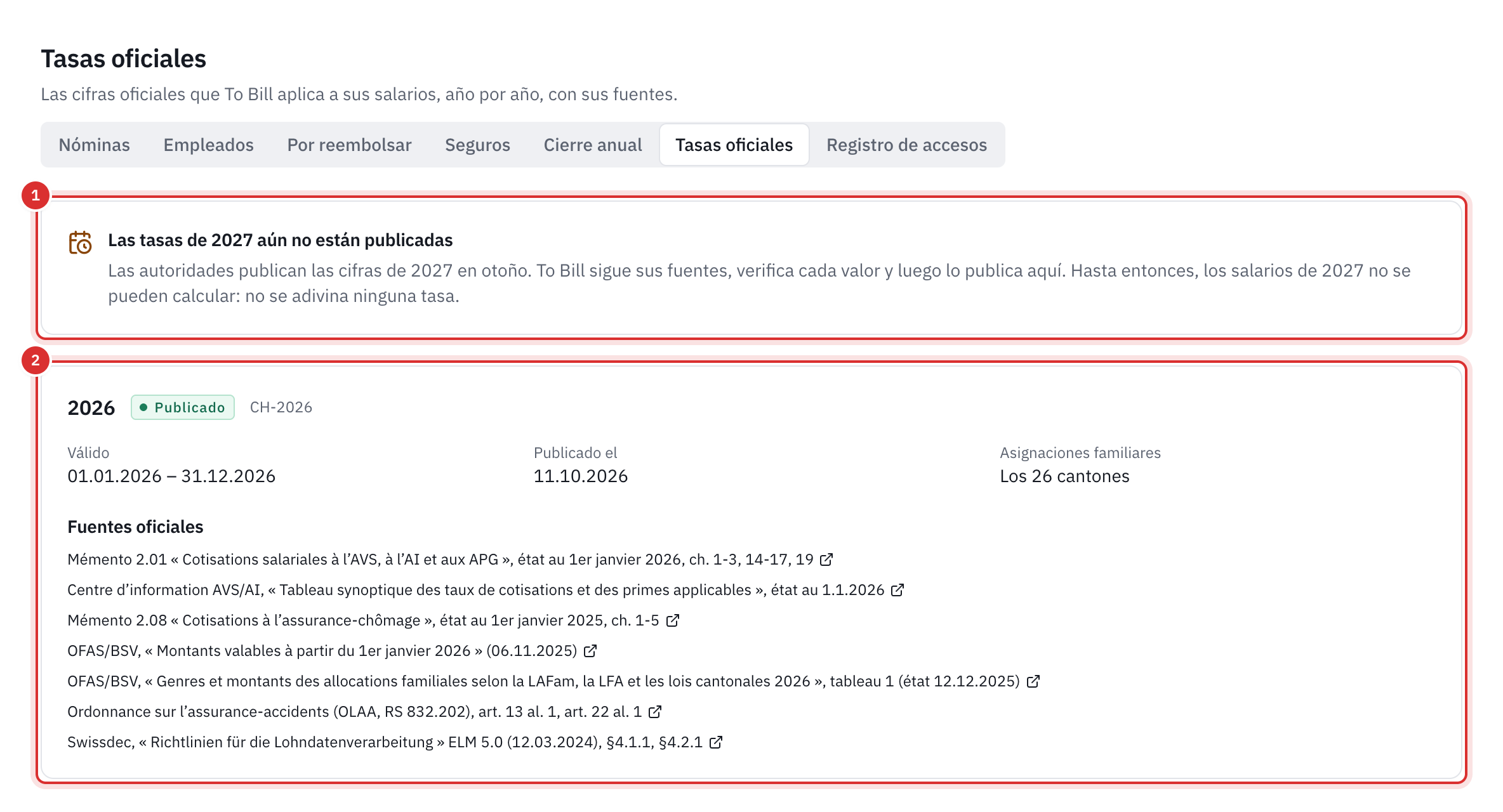 La página Tasas oficiales: el recuadro de las tasas de 2027 todavía sin publicar (1) y, después, el año 2026 publicado con su período, su fecha de publicación, los 26 cantones y sus fuentes oficiales (2).