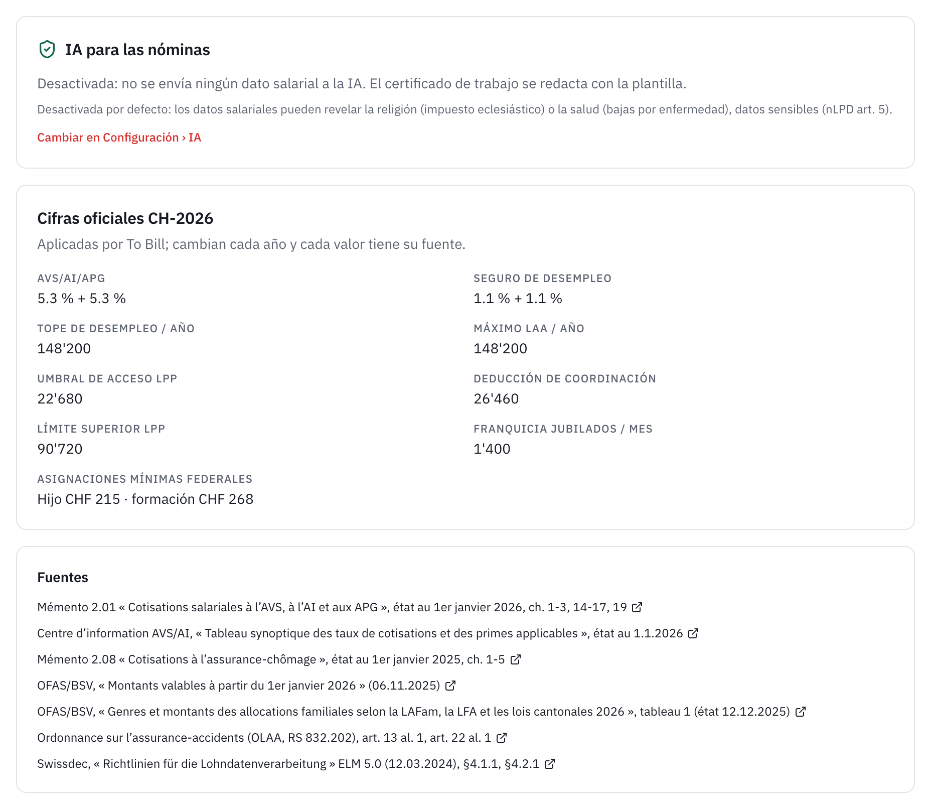 El panel Cifras oficiales CH-2026 y la lista de sus fuentes oficiales.