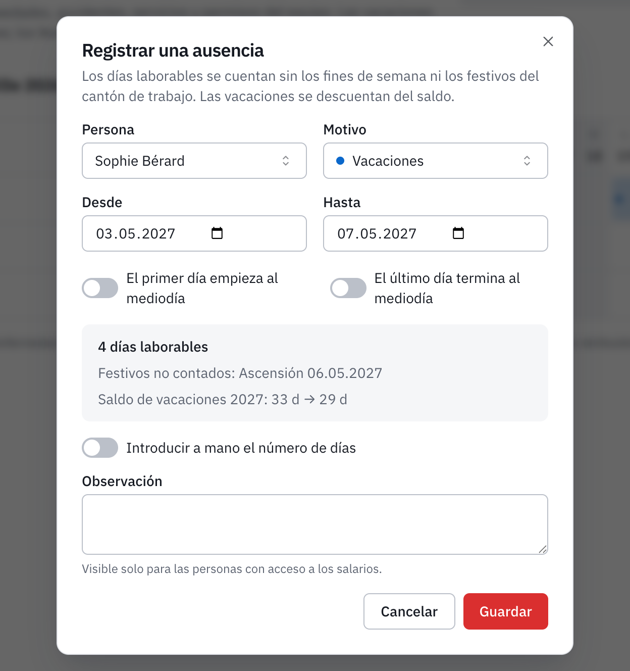 Una nueva ausencia de Sophie Bérard, vacaciones de lunes a viernes de la semana de la Ascensión: 4 días laborables, la Ascensión no contada, y el saldo de vacaciones antes y después.
