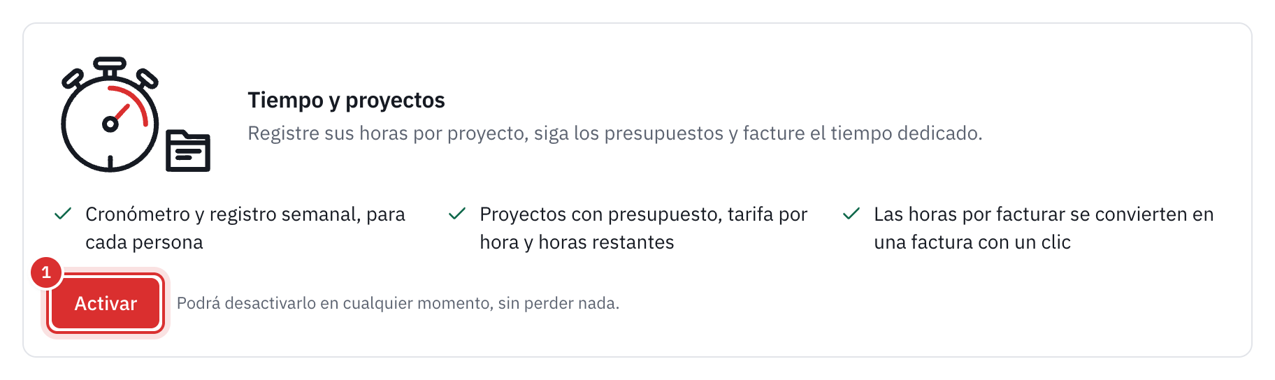 La tarjeta Tiempo y proyectos en Configuración, Módulos, con el botón Activar.