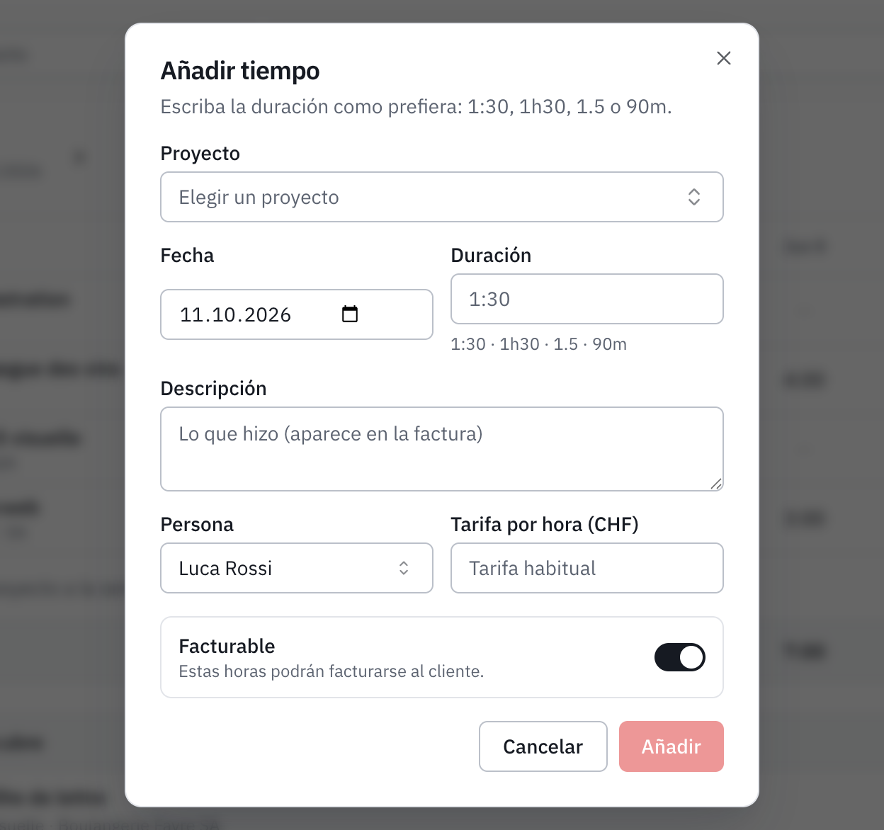 La ventana Añadir tiempo: proyecto, fecha, duración, descripción, persona, tarifa por hora y facturable.