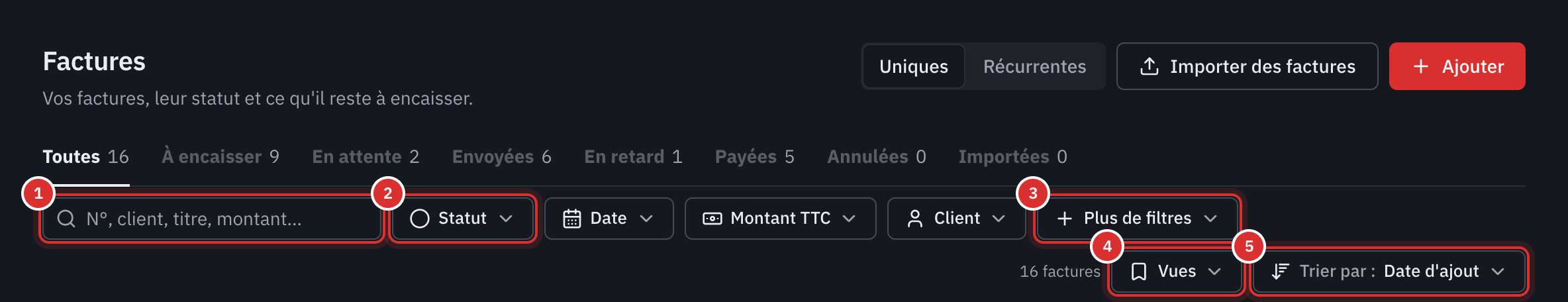 La barre d’outils de la liste des factures : la recherche, les filtres Statut, Date, Montant TTC et Client, Plus de filtres, Vues et Trier par.