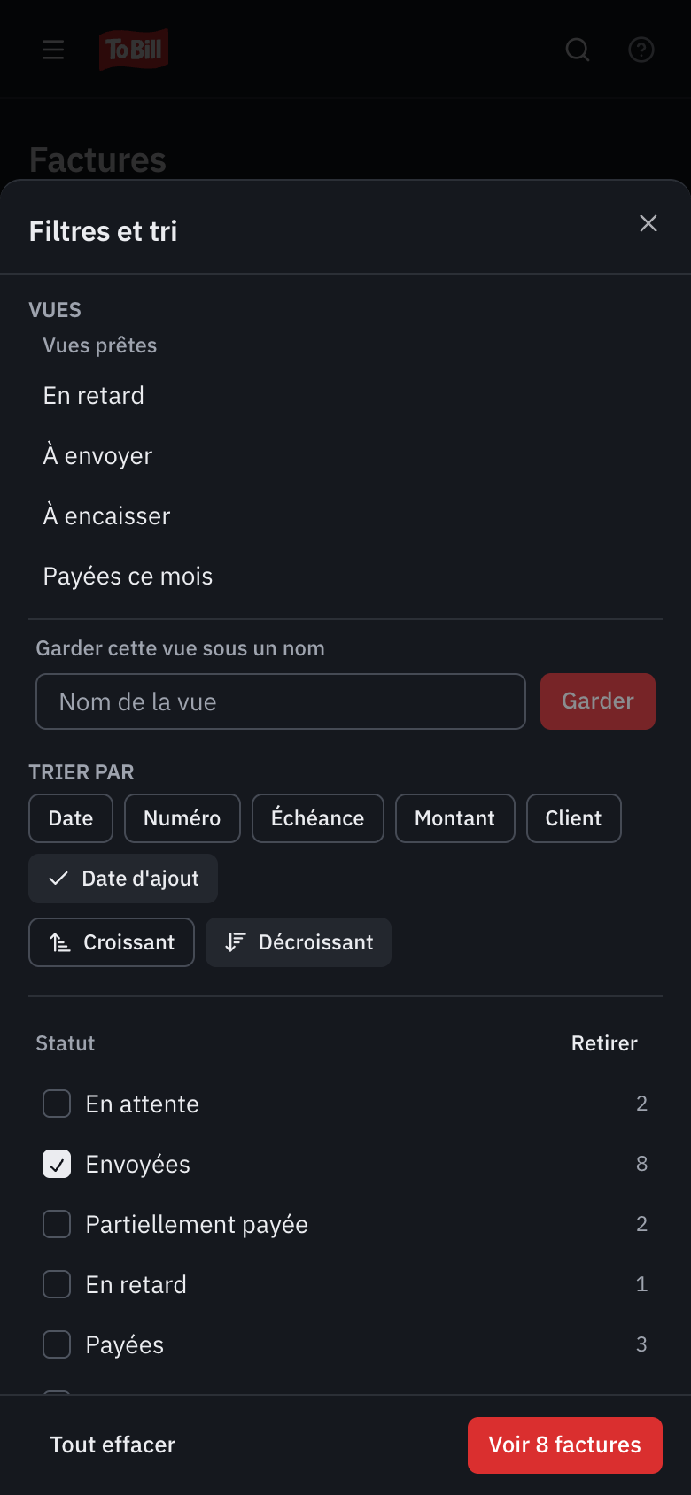 Le panneau Filtres et tri sur un téléphone : les vues, le tri et le filtre Statut, avec le bouton Voir 7 factures.