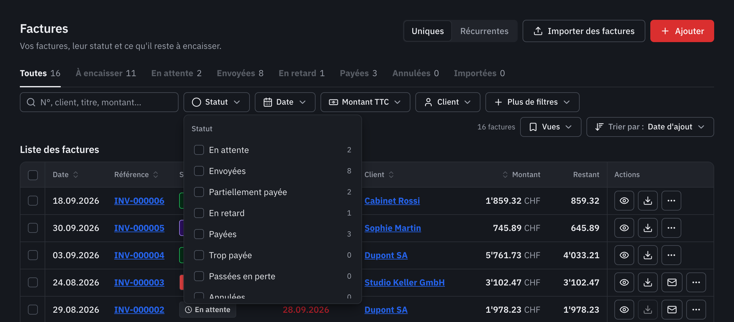 Le filtre Statut ouvert : En attente, Envoyées, Partiellement payée, En retard, Payées, avec leur nombre.