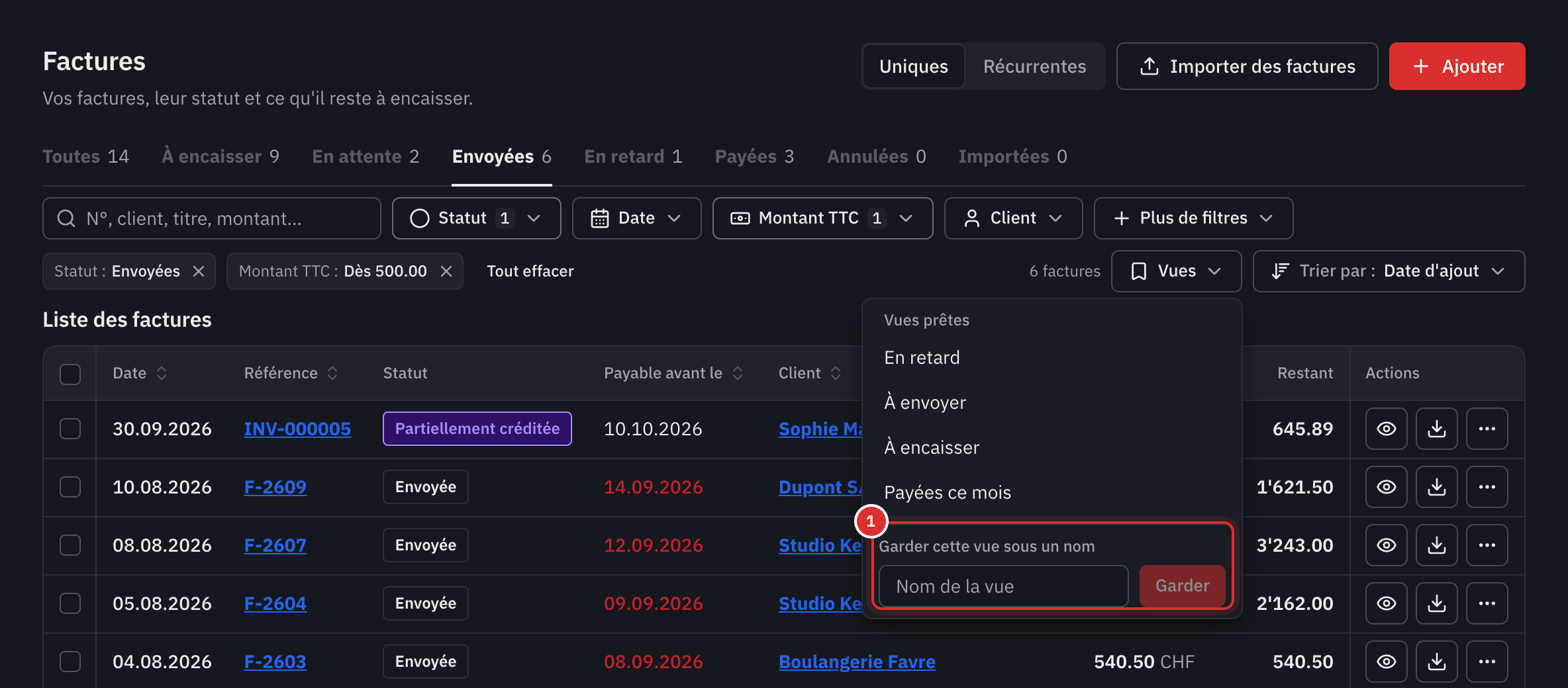 Le menu Vues : les vues prêtes et le champ Nom de la vue avec le bouton Garder.