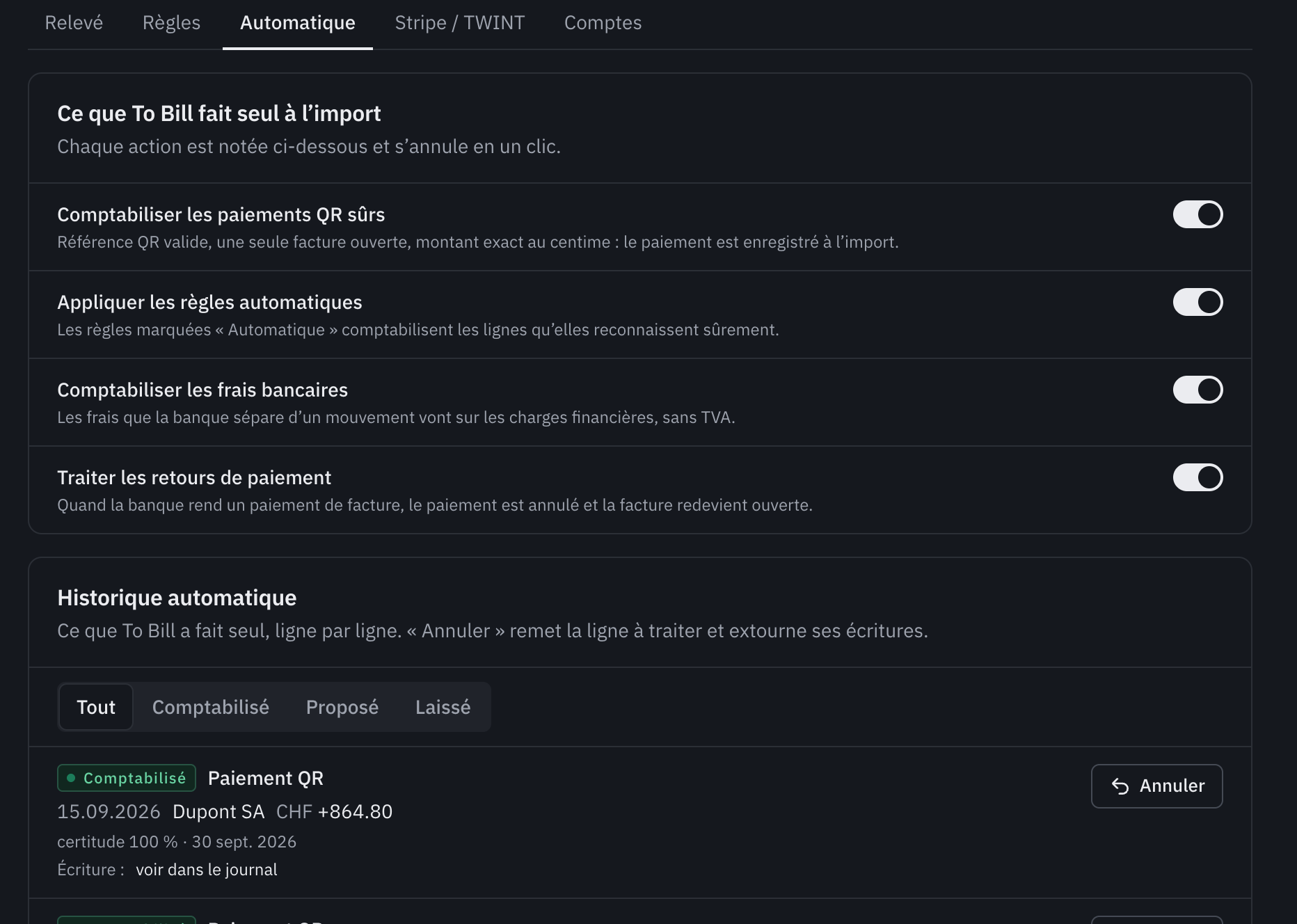 L’onglet Automatique : les quatre interrupteurs, tous activés, puis l’historique automatique avec un paiement QR comptabilisé et son bouton Annuler.