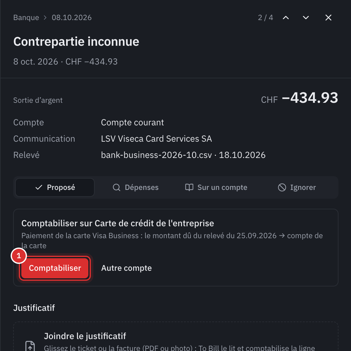 Le panneau d’une ligne bancaire de 434.93, LSV Viseca Card Services SA : la proposition Comptabiliser sur Carte de crédit de l’entreprise, paiement de la carte Visa Business, le montant dû du relevé du 25.09.2026, et le bouton Comptabiliser.