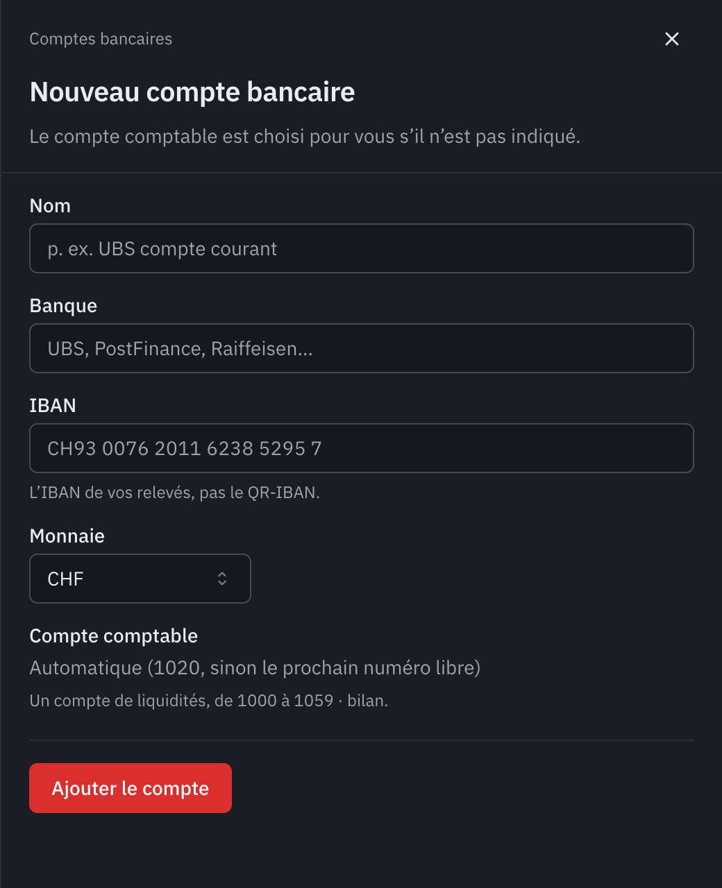 Le formulaire Nouveau compte bancaire : le nom, la banque, l’IBAN, la monnaie, le compte comptable automatique et le bouton Ajouter le compte.