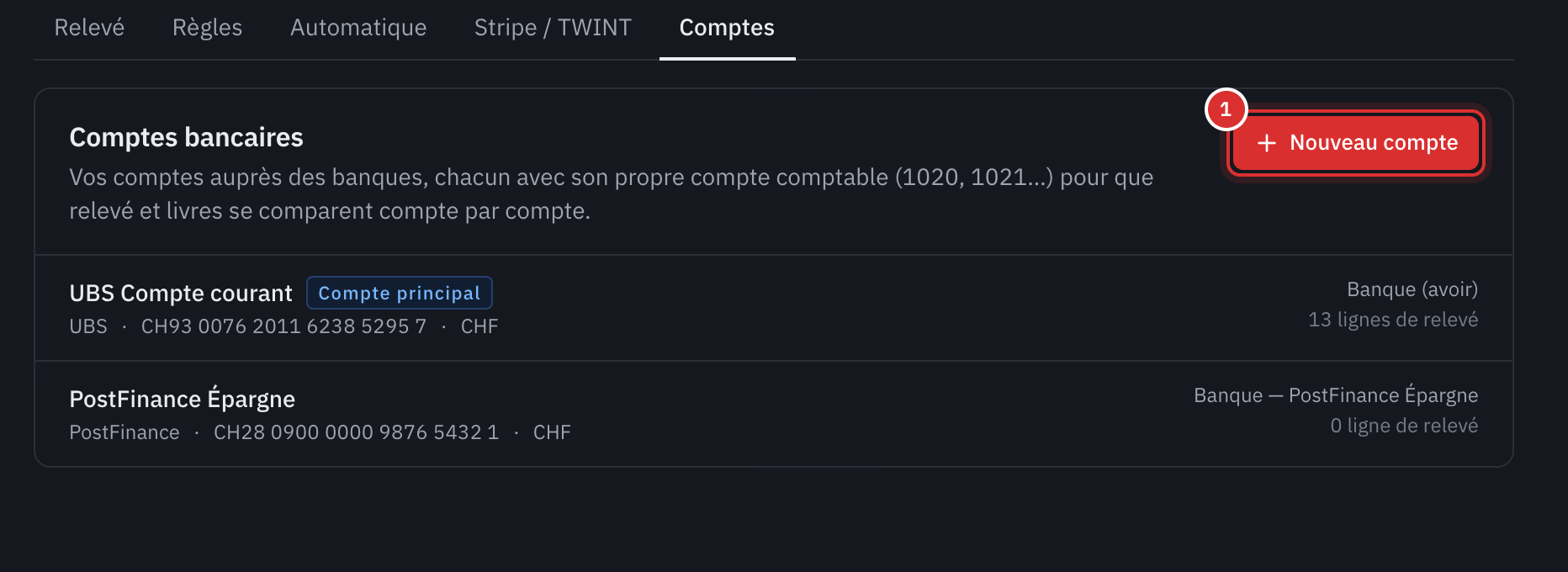 L’onglet Comptes de la banque : UBS Compte courant, marqué Compte principal, et PostFinance Épargne, avec leur IBAN, leur monnaie, leur compte comptable et le nombre de lignes de relevé.