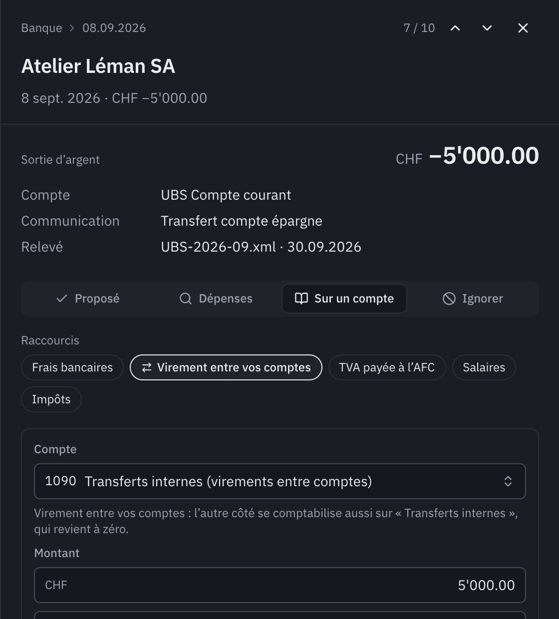 Le choix Sur un compte pour un virement de 5’000 vers le compte épargne : les raccourcis, le raccourci Virement entre vos comptes choisi, le compte 1090 Transferts internes, le montant et le libellé.
