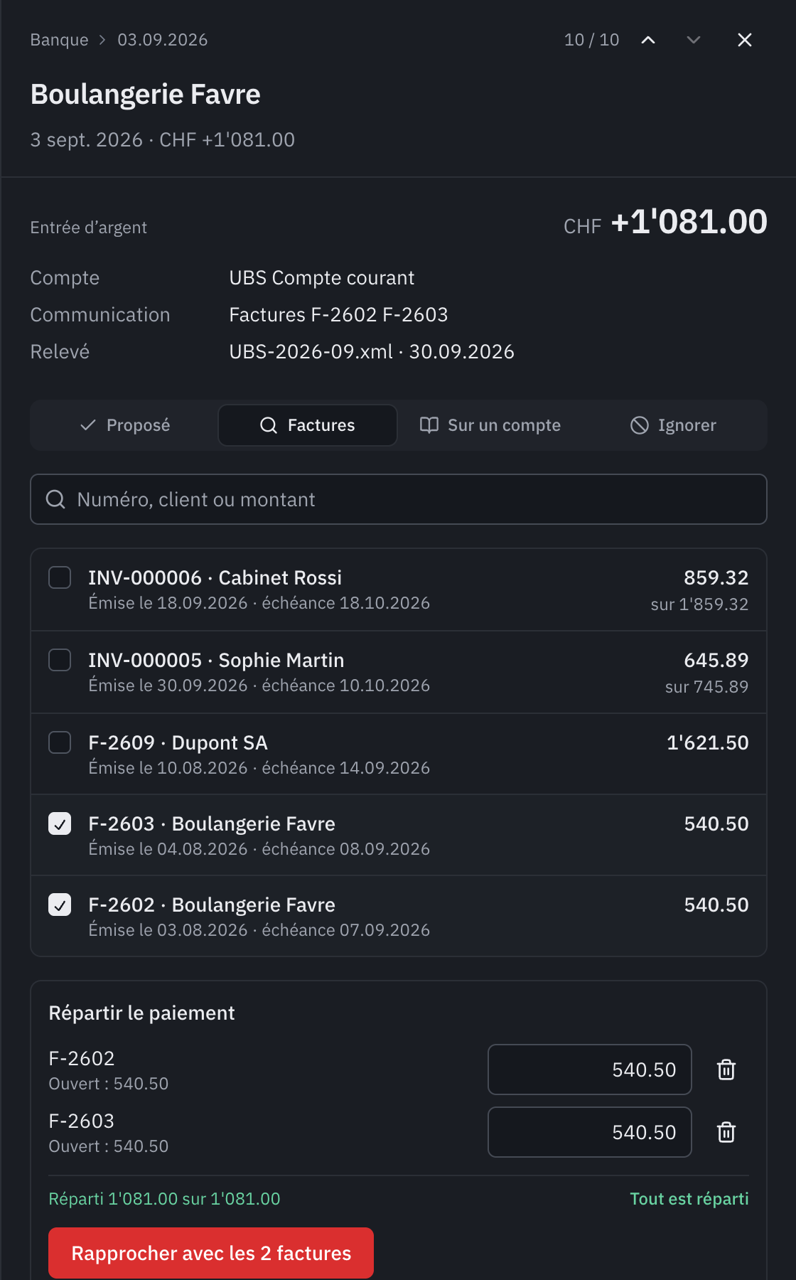 Le choix Factures : F-2603 et F-2602 de Boulangerie Favre cochées, le paiement réparti, 540.50 chacune, et le bouton Rapprocher avec les 2 factures.