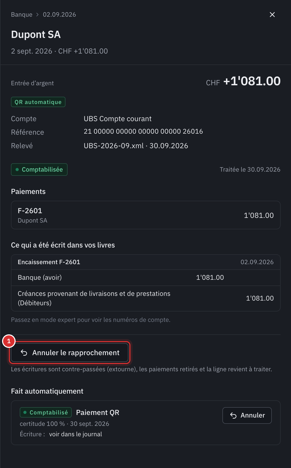Une ligne rapprochée automatiquement par sa référence QR : le paiement de la facture F-2601, l’écriture Banque contre Débiteurs, et le bouton Annuler le rapprochement.