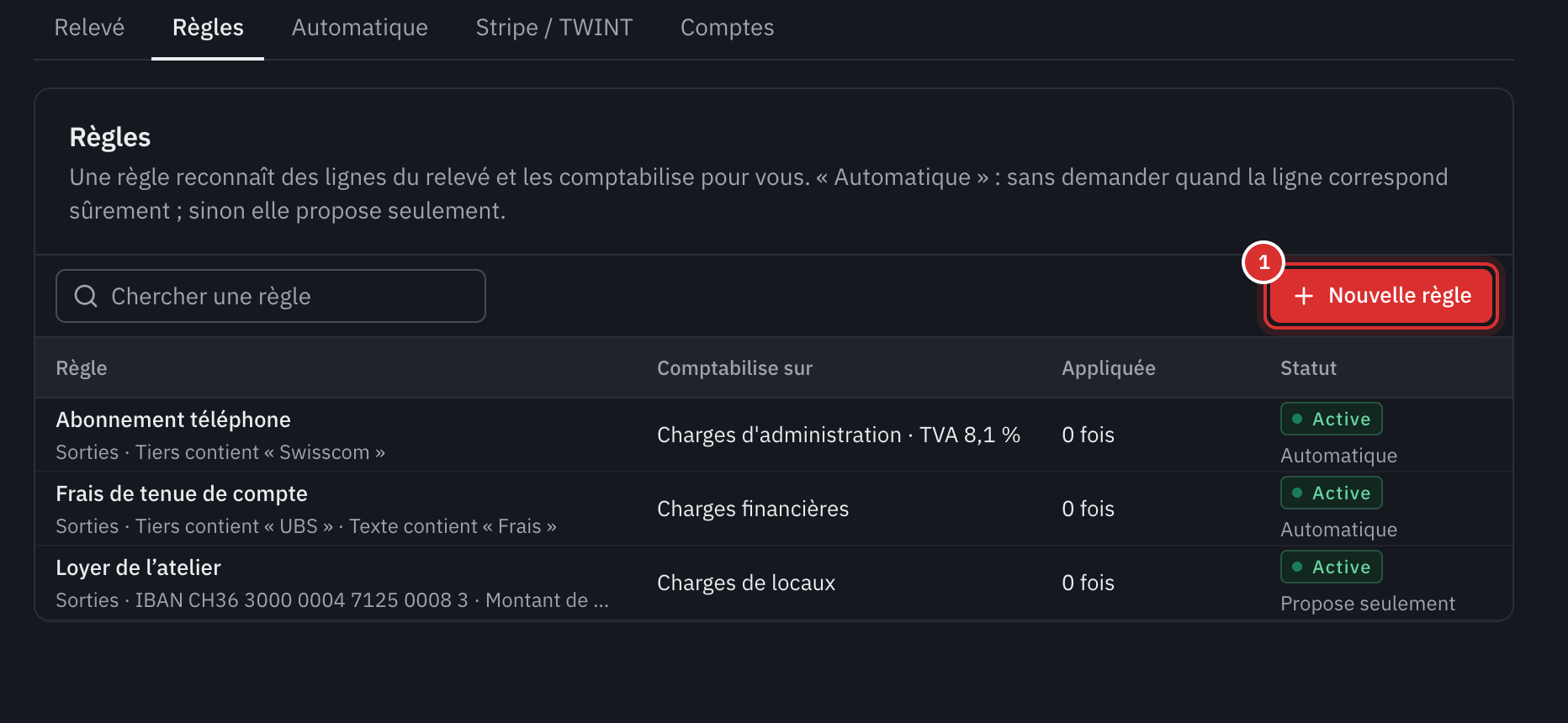 L’onglet Règles : trois règles, Abonnement téléphone, Frais de tenue de compte et Loyer de l’atelier, avec ce qu’elles reconnaissent, le compte où elles comptabilisent, le nombre d’applications et leur statut.