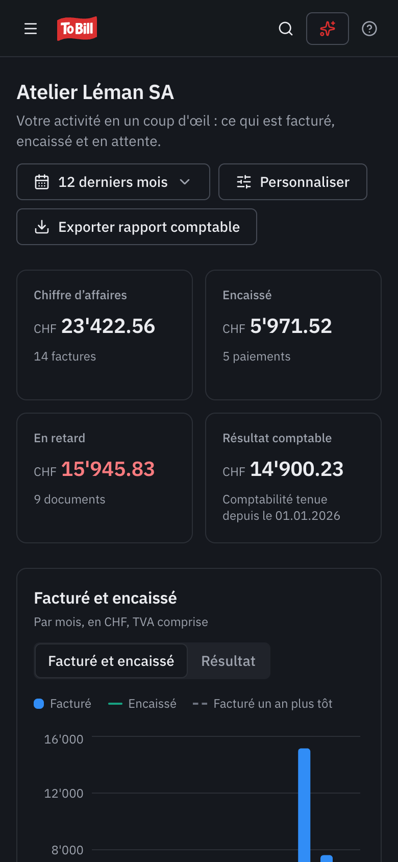 Le tableau de bord de To Bill sur un téléphone.