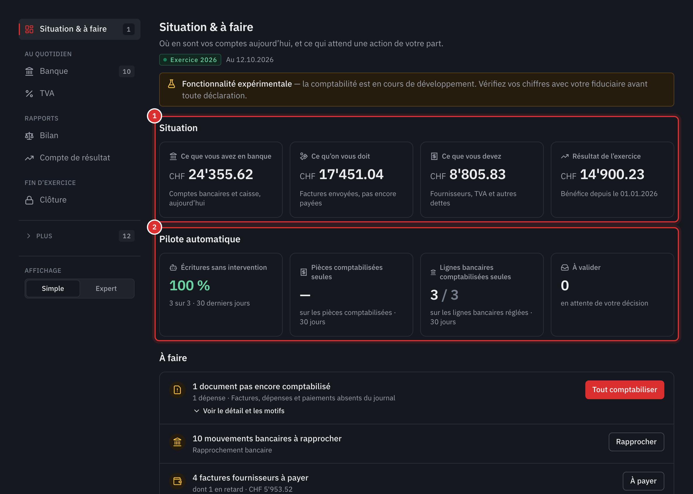 La page Situation et à faire : quatre chiffres de la situation, le pilote automatique et le début de la liste À faire.