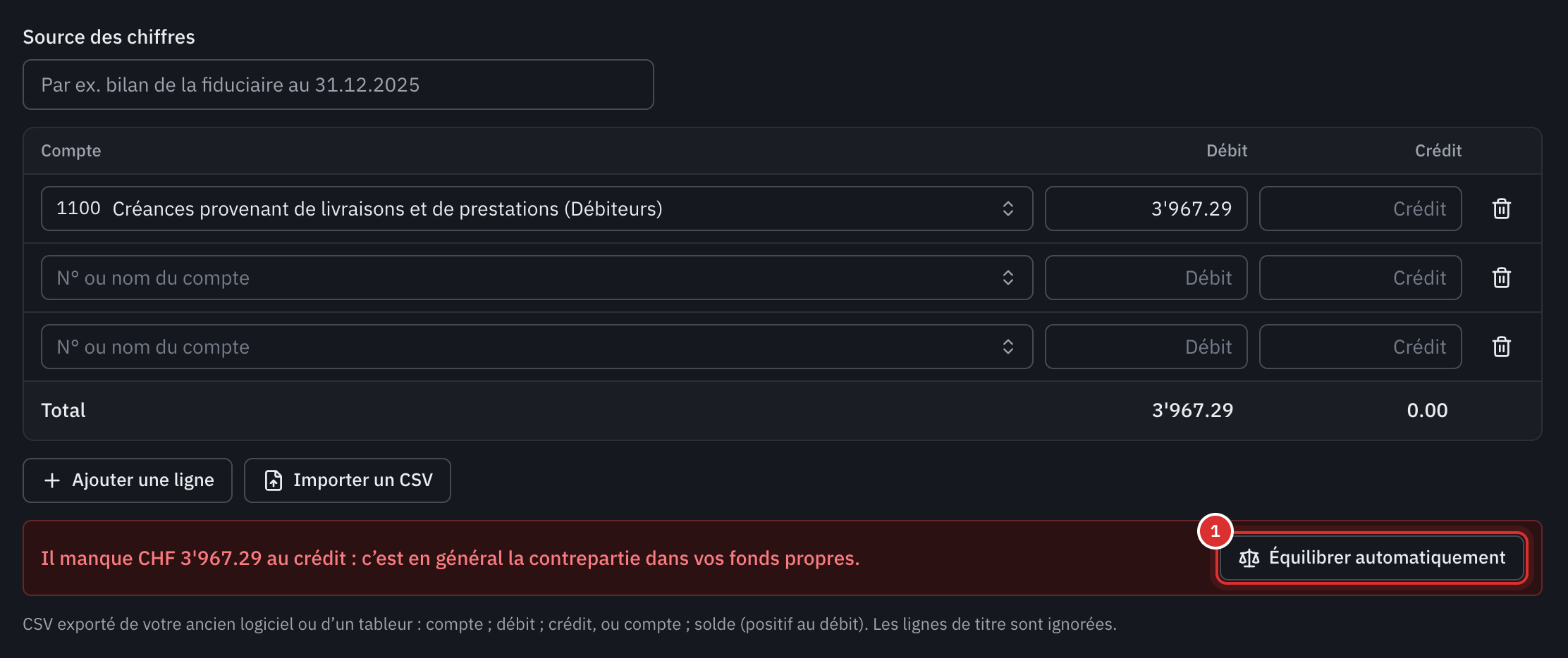Le bilan d’ouverture avec la seule ligne des factures ouvertes : le message qui indique le montant manquant au crédit et le bouton Équilibrer automatiquement.