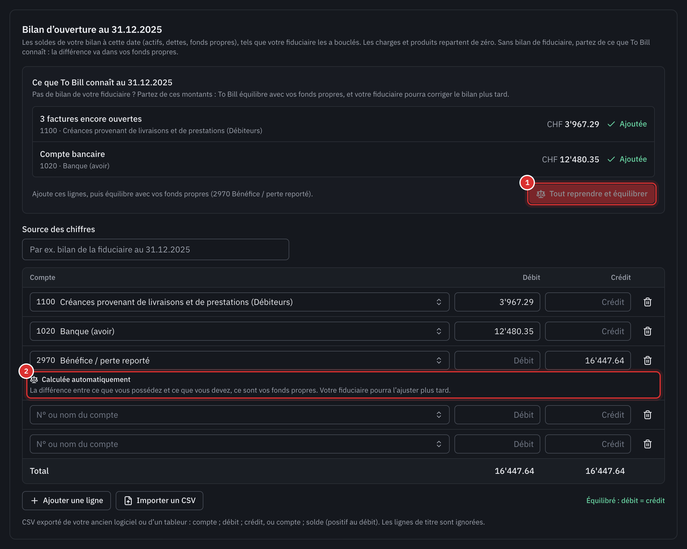 Le bilan d’ouverture repris de ce que To Bill connaît : les factures ouvertes sur le compte 1100, le compte bancaire sur le compte 1020 et la ligne 2970 calculée automatiquement qui l’équilibre.