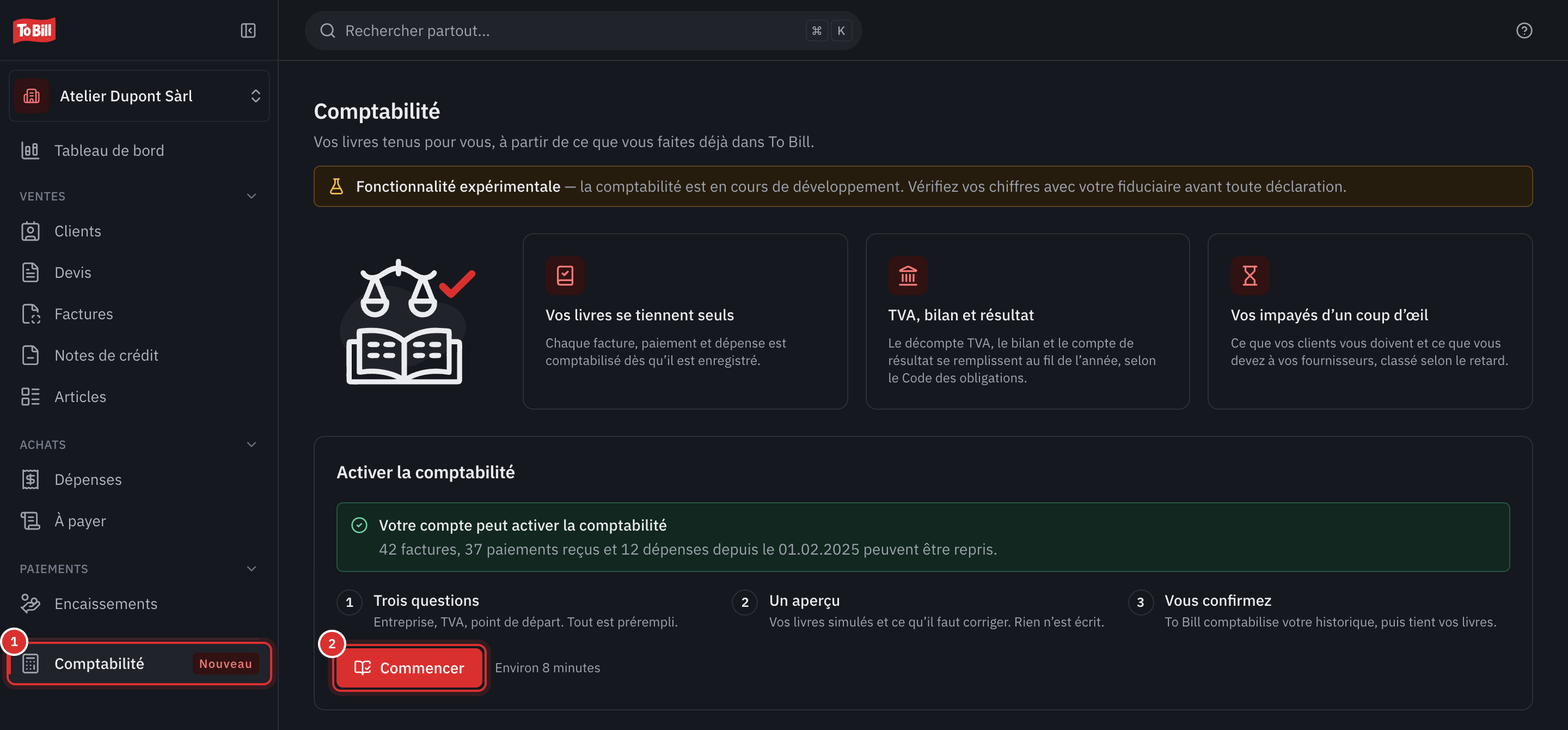 La page Comptabilité avant l’activation : le menu Comptabilité marqué Nouveau et le bouton Commencer.
