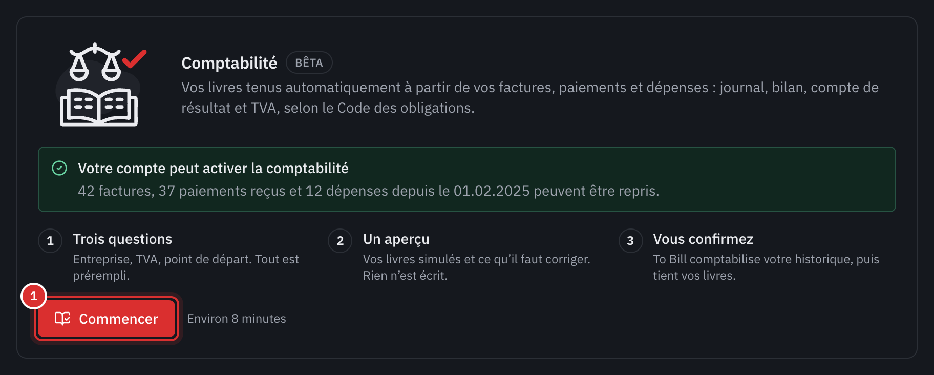 La carte Comptabilité dans Paramètres, Modules, avec le bouton Commencer.