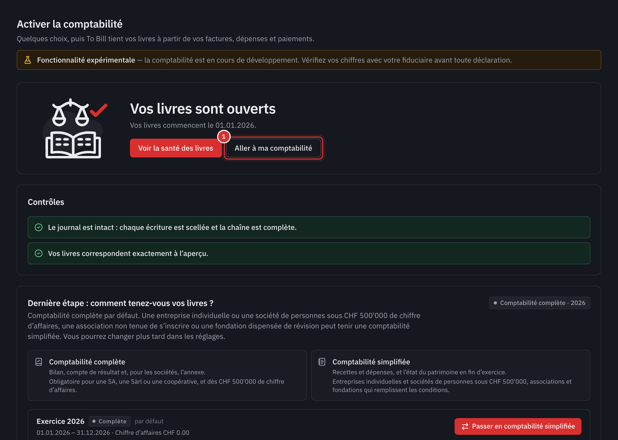L’écran Vos livres sont ouverts, avec les contrôles et le choix de la tenue des livres.