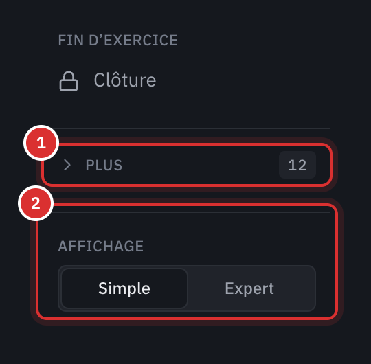Le bas du menu de la comptabilité : le groupe Plus replié, avec le nombre de pièces qui y attendent, et le choix d’affichage Simple ou Expert.