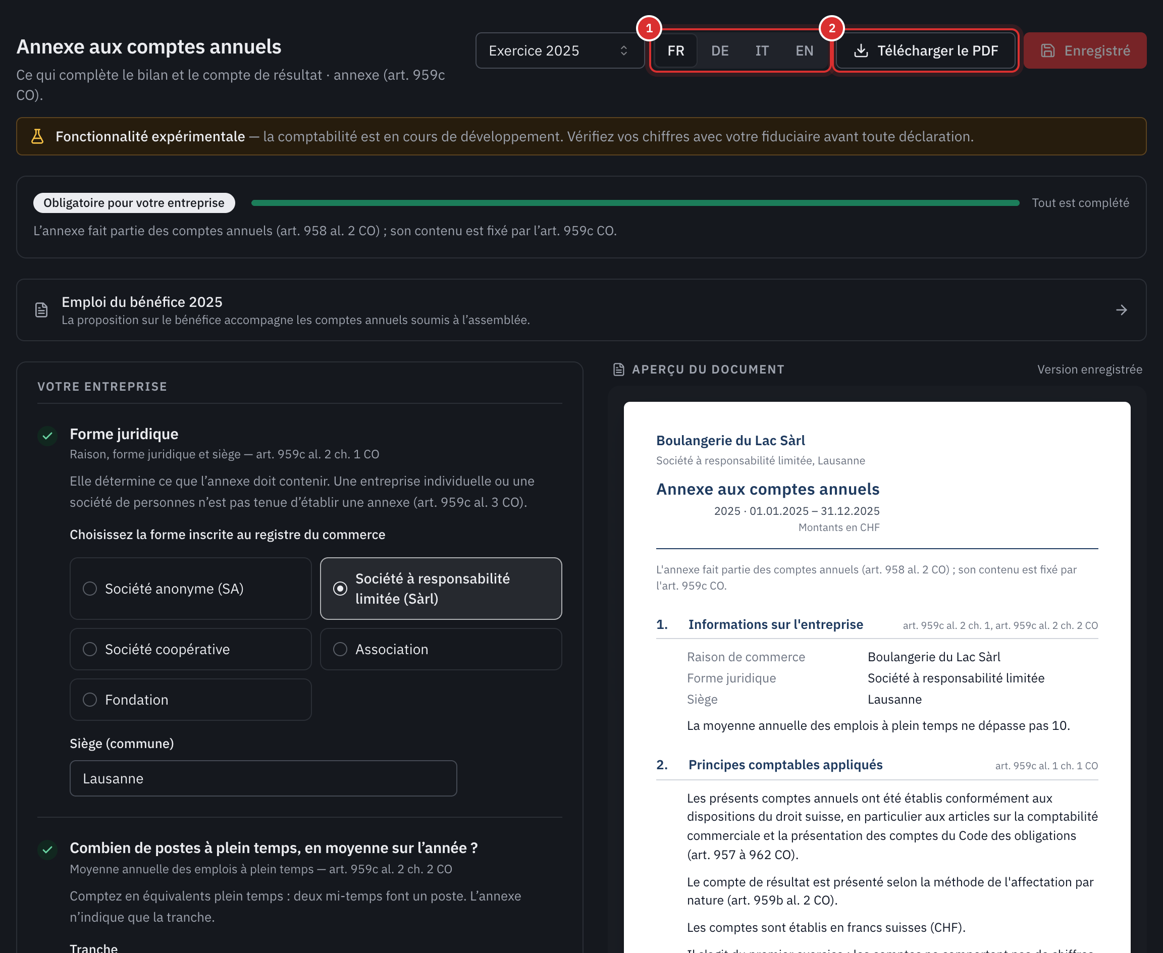 L’annexe 2025 : la langue du document, le bouton Télécharger le PDF, la barre Tout est complété, les questions sur l’entreprise à gauche et l’aperçu du document à droite.