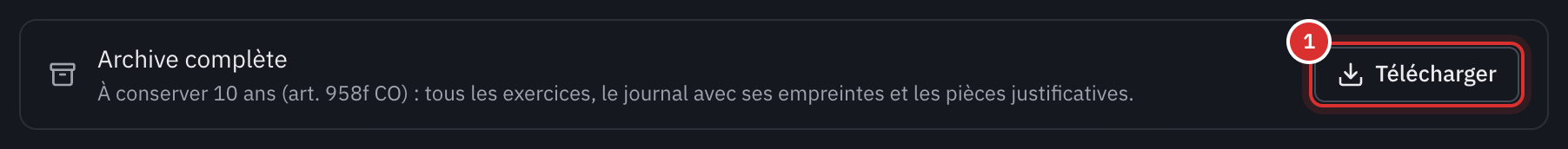 La ligne Archive complète de la page Exports, à conserver dix ans, avec son bouton Télécharger.