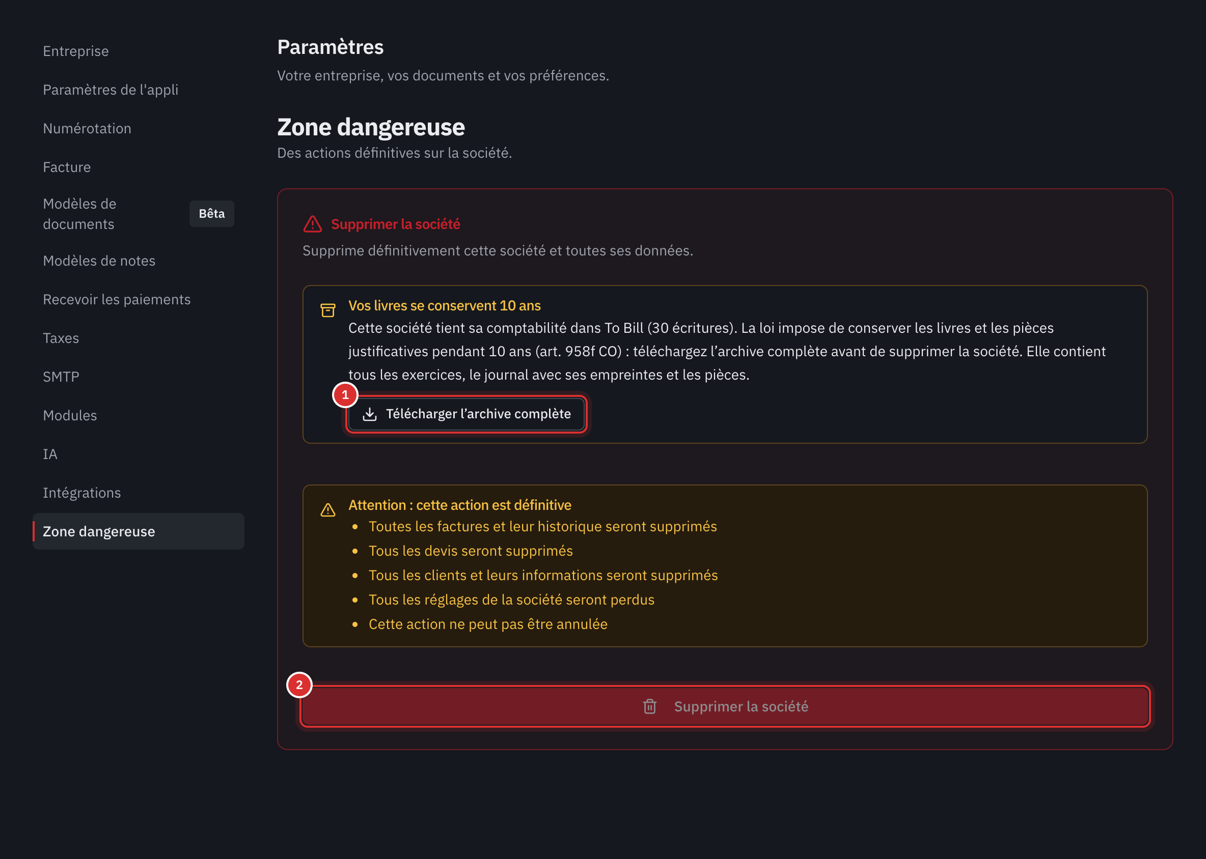 La zone dangereuse : l’encadré Vos livres se conservent 10 ans avec le bouton Télécharger l’archive complète, et le bouton Supprimer la société désactivé.